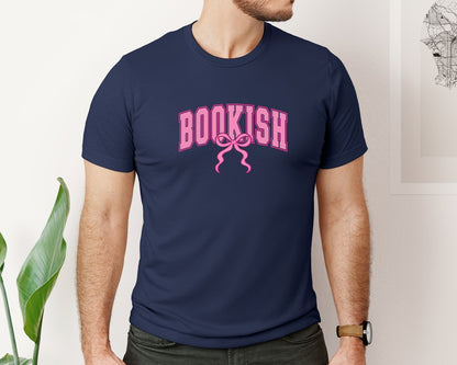 brand:Bella Canvas|color:Navy|Coquette Bookish Preppy Book Pink Bow Graphic T-Shirt
