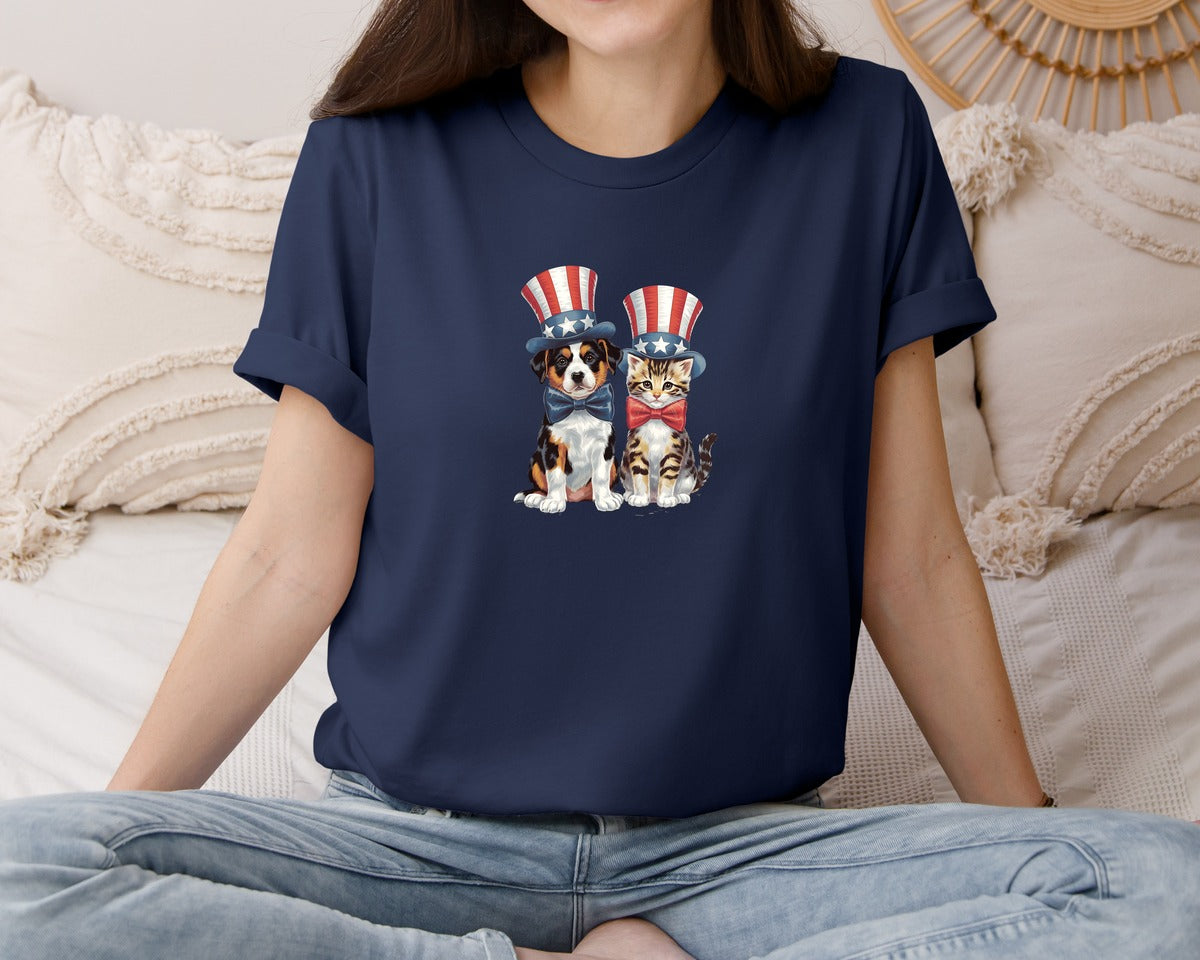 brand:Bella Canvas|color:Navy|4Th Of July Vintage Dog Cat Design 3 Graphic T-Shirt
