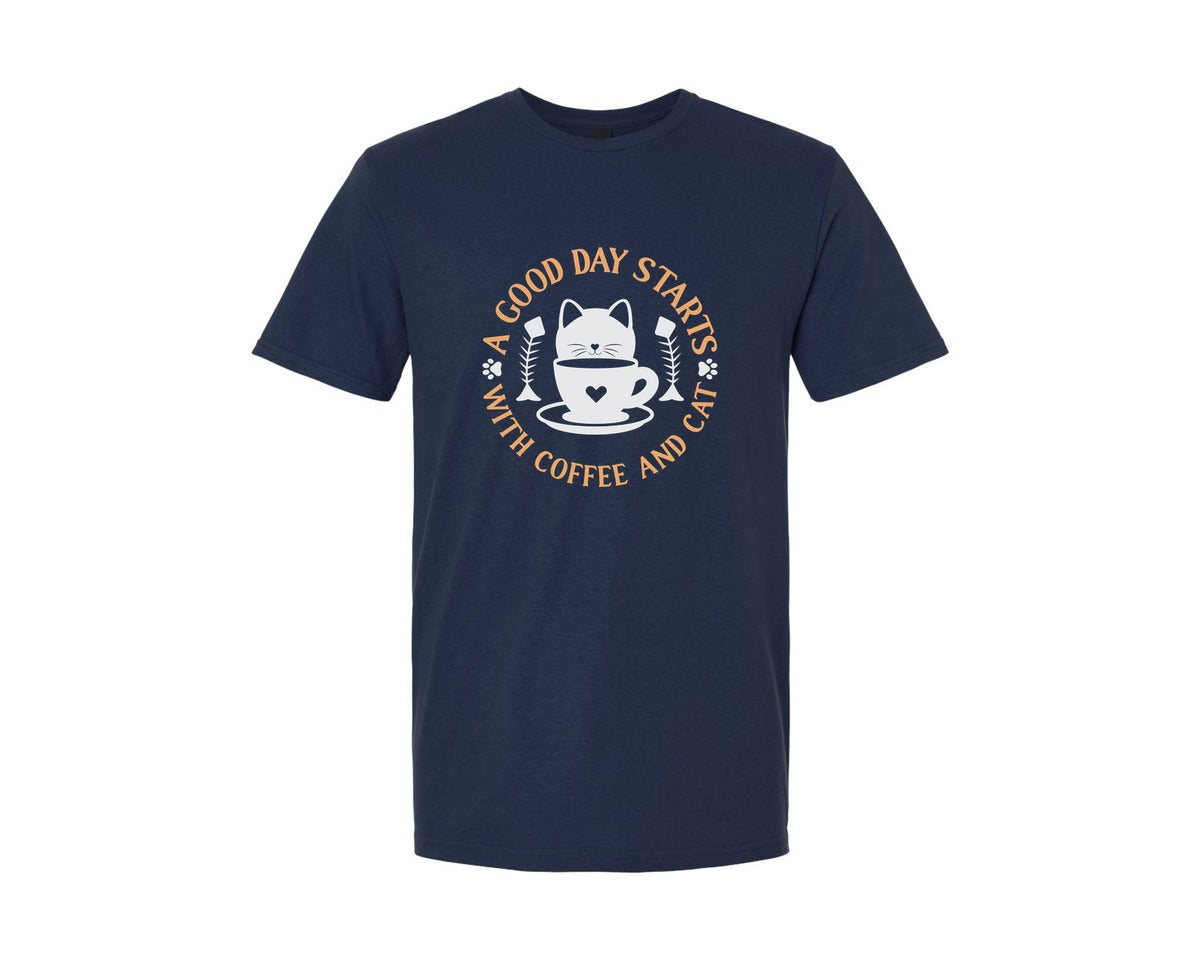 brand:Generic|color:Navy|Good Day Starts With Coffee And Cat 3 Graphic T-Shirt