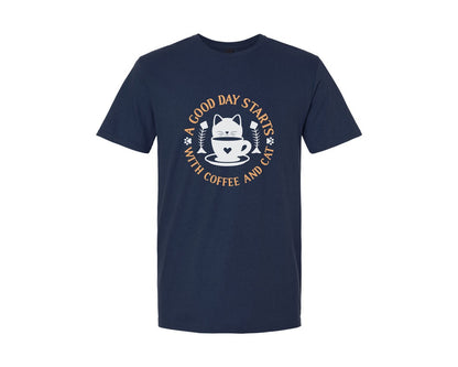 brand:Generic|color:Navy|Good Day Starts With Coffee And Cat 3 Graphic T-Shirt