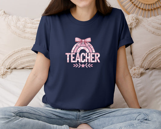 Coquette Toile Bow Teacher Rainbow Graphic T-Shirt