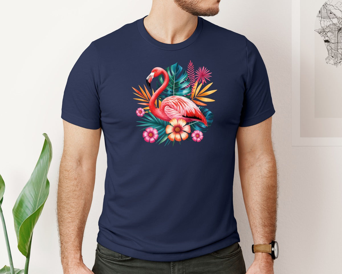 brand:Bella Canvas|color:Navy|Flamingo Bird Tropical Flowers Graphic T-Shirt