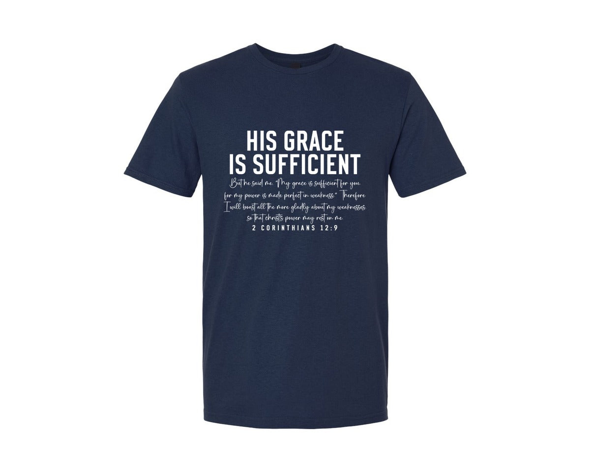 brand:Generic|color:Navy|His Grace Is Sufficient 2 Corinthian Graphic T-Shirt