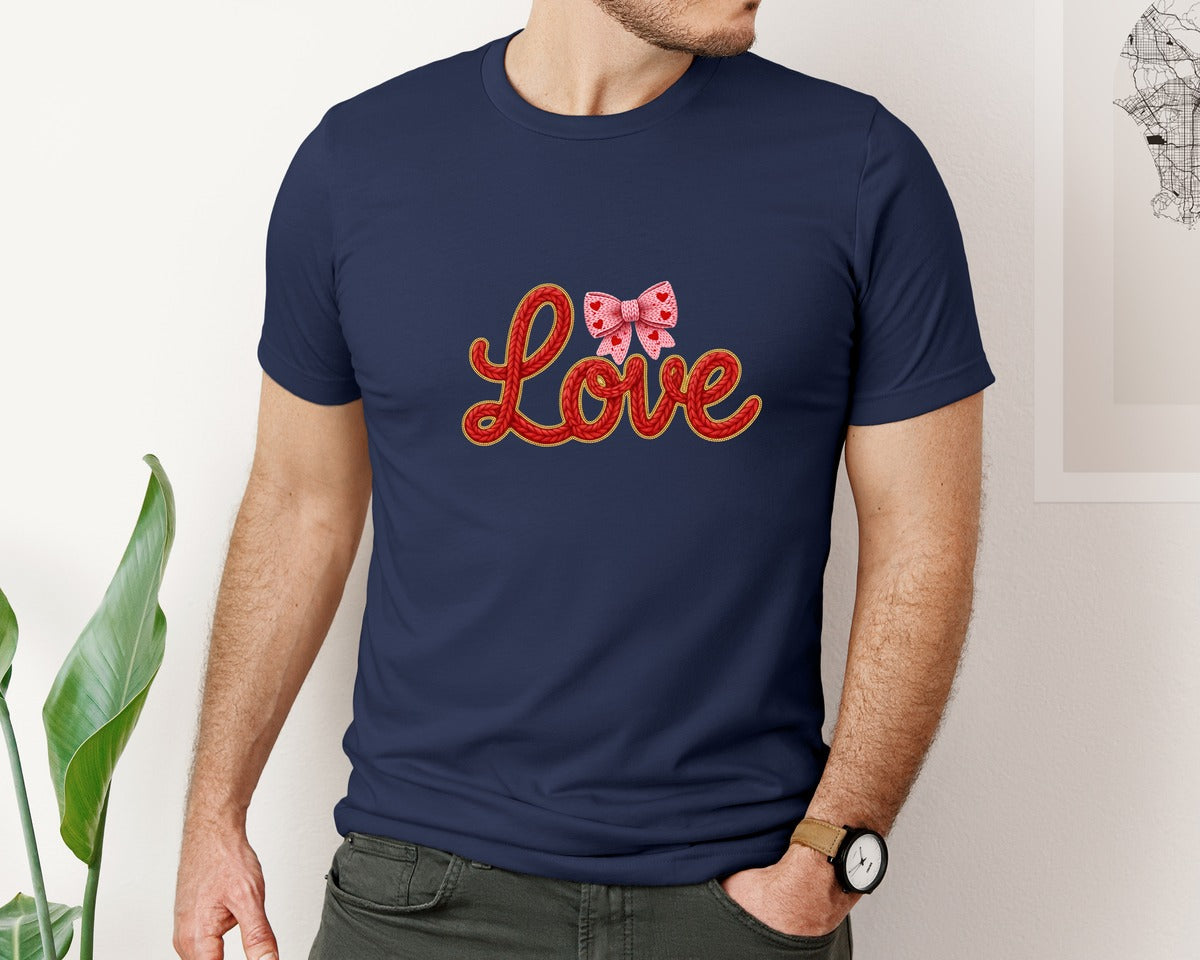 brand:Bella Canvas|color:Navy|Crochet Pink Love Bow Valentine 5 Graphic T-Shirt