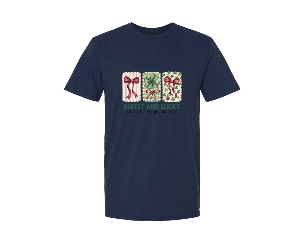 brand:Generic|color:Navy|Not Lucky Simply Blessed Lucky Bow Graphic T-Shirt