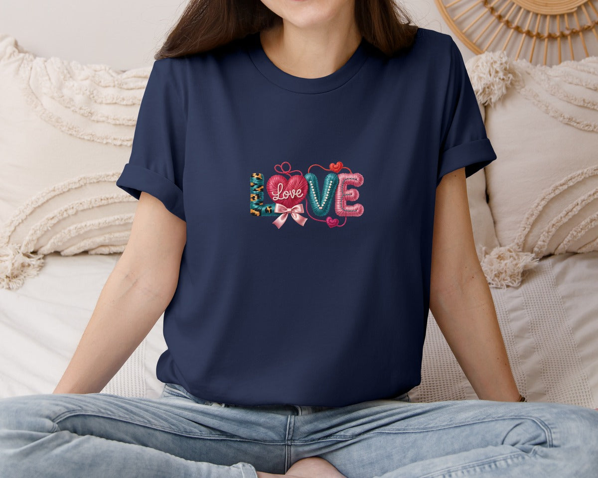 brand:Bella Canvas|color:Navy|Coquette Love Bow Faux Yarn Valentine Graphic T-Shirt
