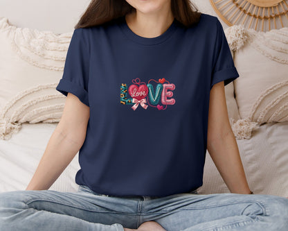 brand:Bella Canvas|color:Navy|Coquette Love Bow Faux Yarn Valentine Graphic T-Shirt