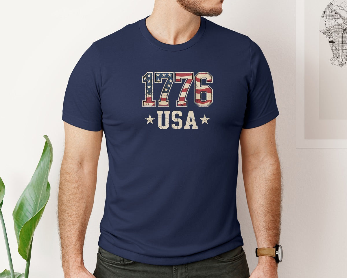 brand:Bella Canvas|color:Navy|Usa 1776 Vintage American 4Th July Graphic T-Shirt