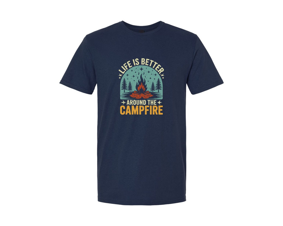 brand:Generic|color:Navy|Hike Camper Tent Campfire Vector Design Graphic T-Shirt
