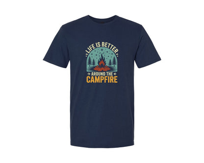 brand:Generic|color:Navy|Hike Camper Tent Campfire Vector Design Graphic T-Shirt