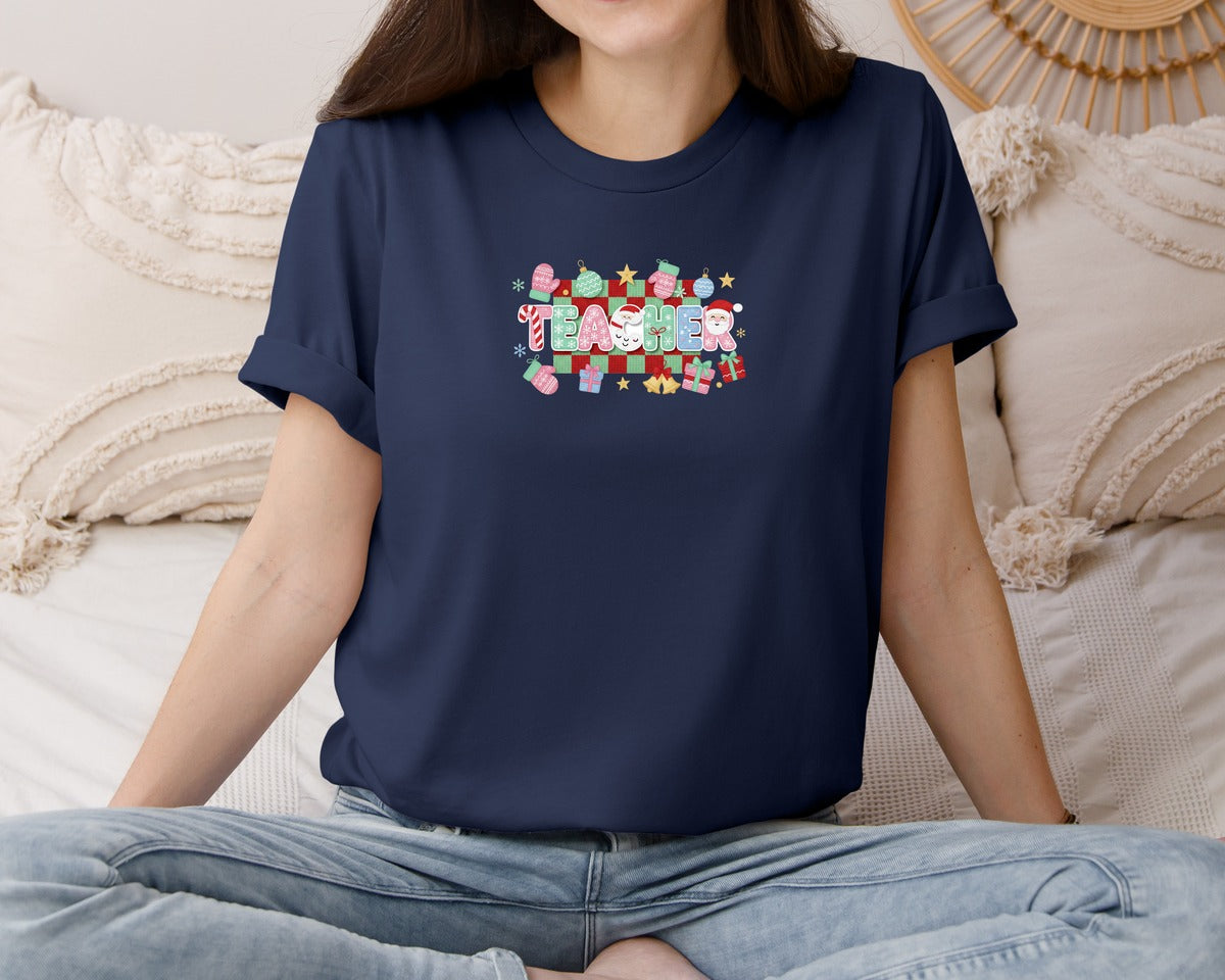 brand:Bella Canvas|color:Navy|Faux Yarn Crochet Christmas Teacher Graphic T-Shirt