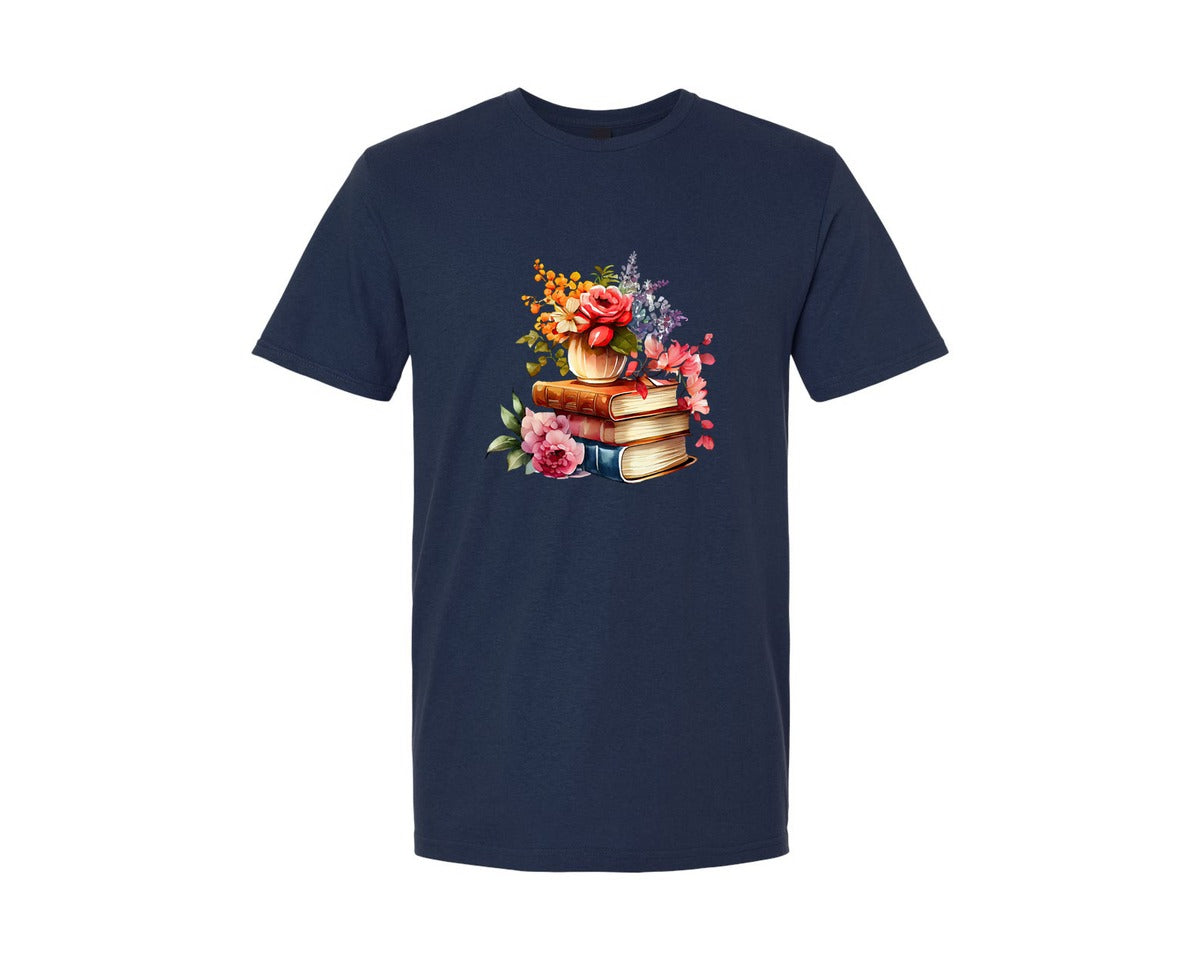 brand:Generic|color:Navy|Books Flowers T Shirt Graphic T-Shirt