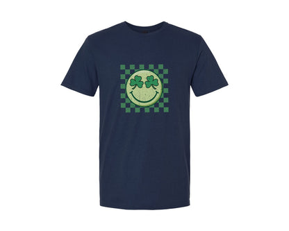 brand:Generic|color:Navy|St Patricks Day Shamrock Smiley Graphic T-Shirt