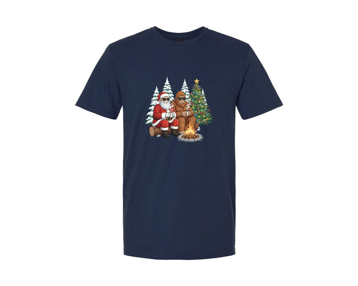 brand:Generic|color:Navy|Retro Santa And Bigfoot Christmas Graphic T-Shirt