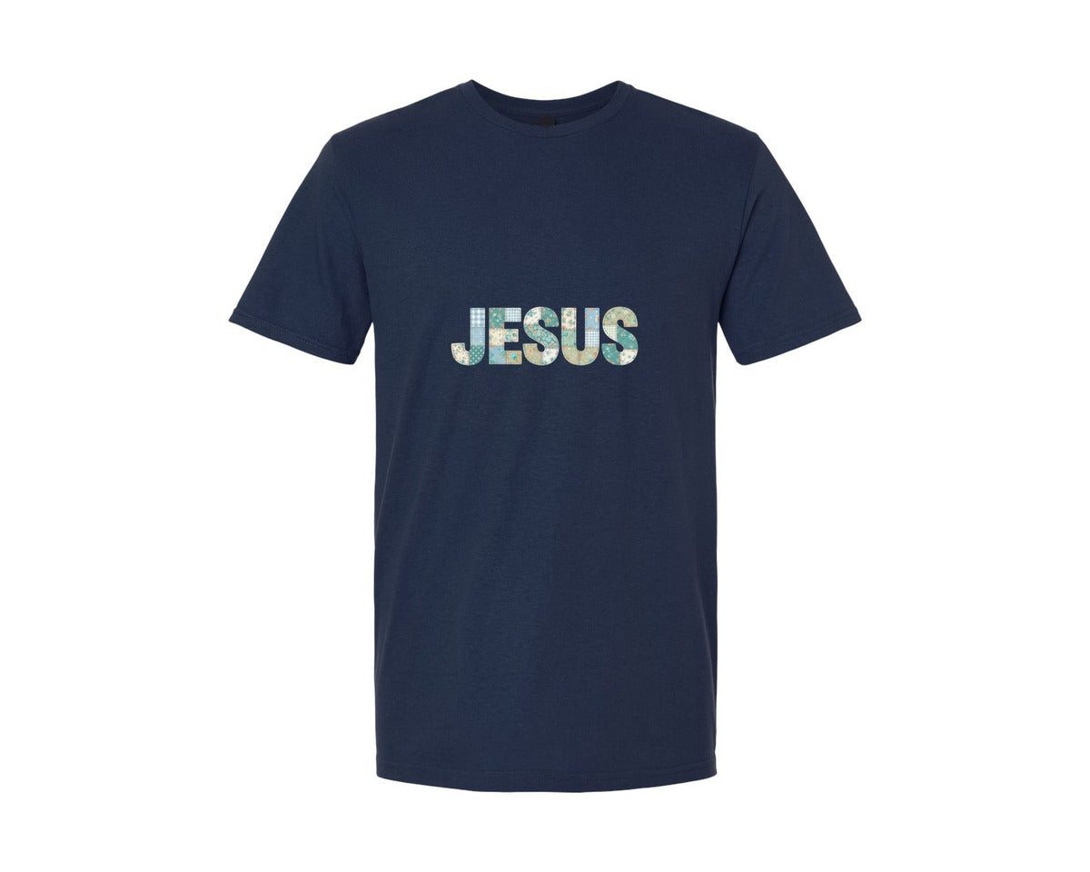 brand:Generic|color:Navy|Jesus Blue Patchwork Style Graphic Graphic T-Shirt