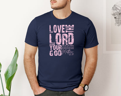 brand:Bella Canvas|color:Navy|Love The Lord Your God Vintage Christian Graphic T-Shirt
