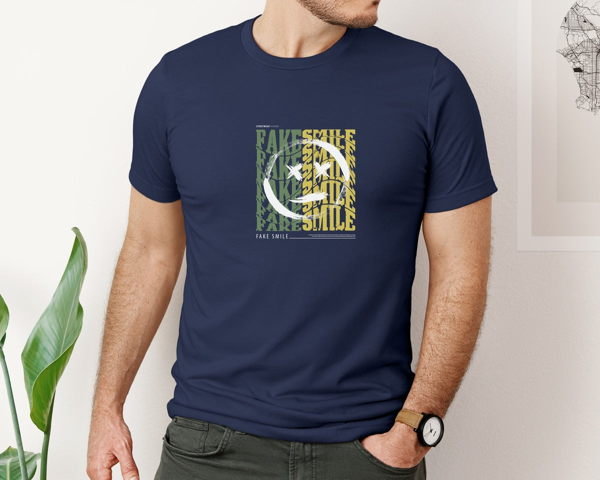 brand:Bella Canvas|color:Navy|Fake Smile Streetwear T Shirt Design Graphic T-Shirt
