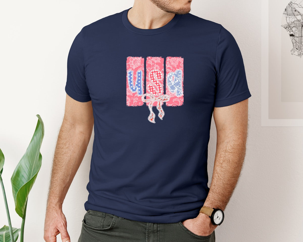 brand:Bella Canvas|color:Navy|Preppy Usa 4Th Of July Lace Graphic T-Shirt
