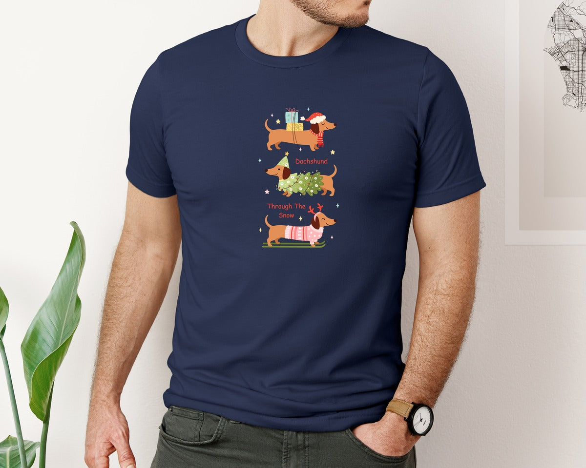 brand:Bella Canvas|color:Navy|Dachshund Through The Snow Graphic T-Shirt