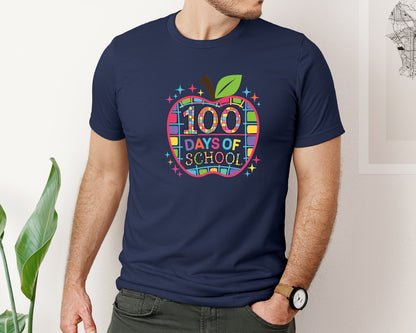brand:Bella Canvas|color:Navy|100 Days Of School Colorful Apple 3 Graphic T-Shirt