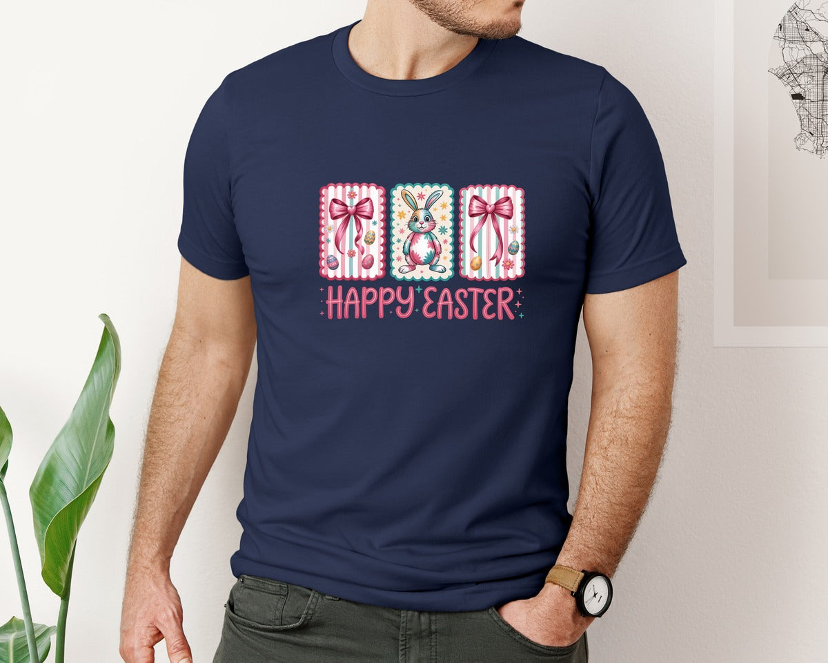 brand:Bella Canvas|color:Navy|Happy Easter Glitter Easter Bunny Graphic T-Shirt