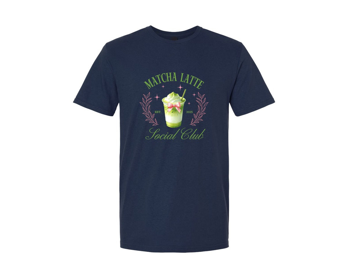 brand:Generic|color:Navy|Coquette Bow Matcha Latte Social Club Graphic T-Shirt