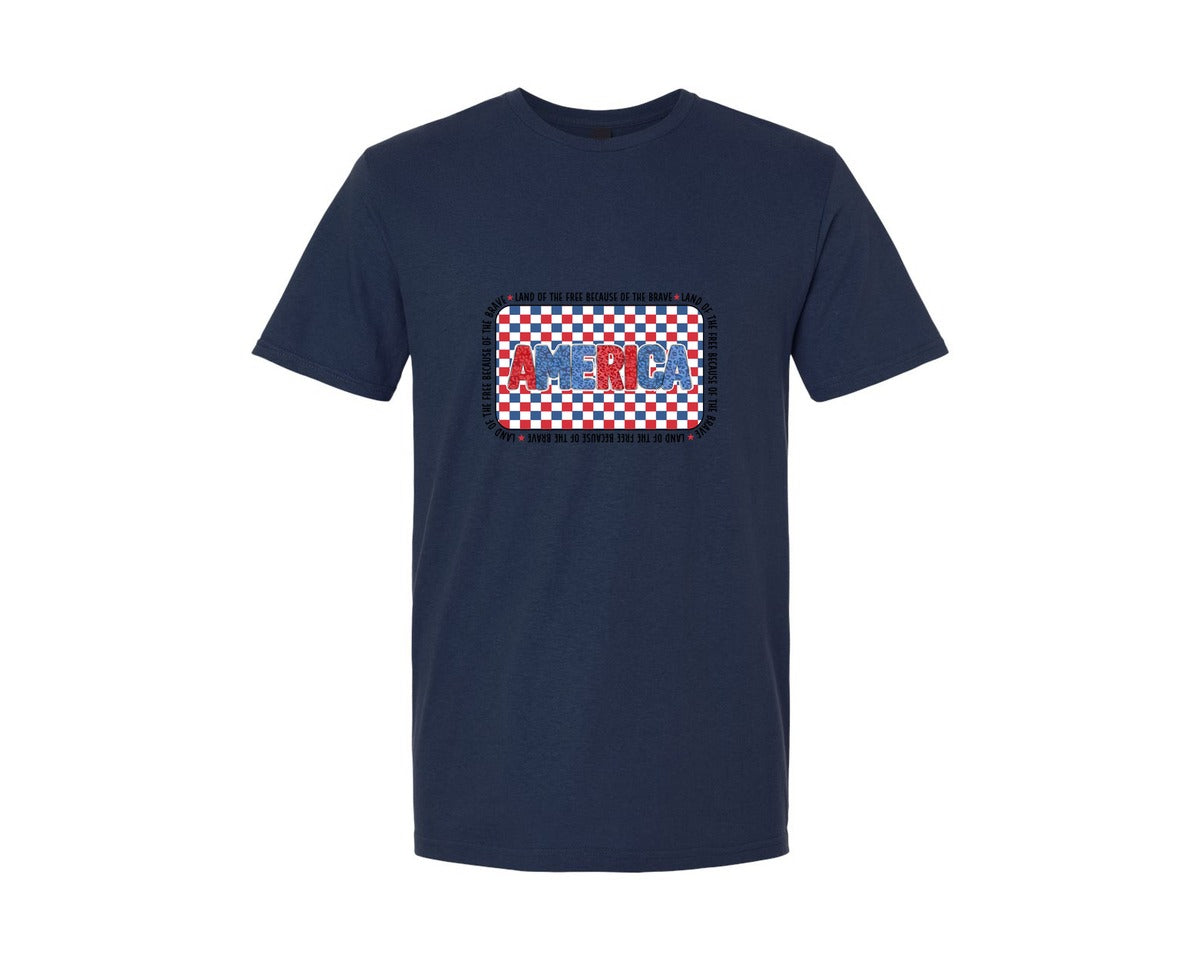 brand:Generic|color:Navy|Retro America Checkered Land Of The Graphic T-Shirt