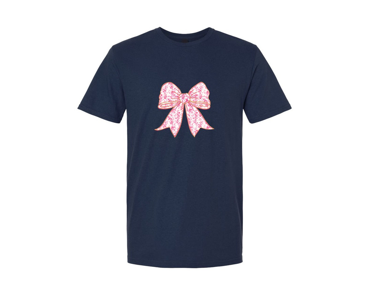 brand:Generic|color:Navy|Pink Floral Toile Coquette Bow Graphic T-Shirt
