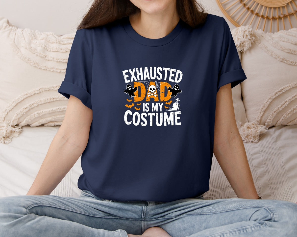 brand:Bella Canvas|color:Navy|Exhausted Dad Is My Costume Halloween 2 Graphic T-Shirt