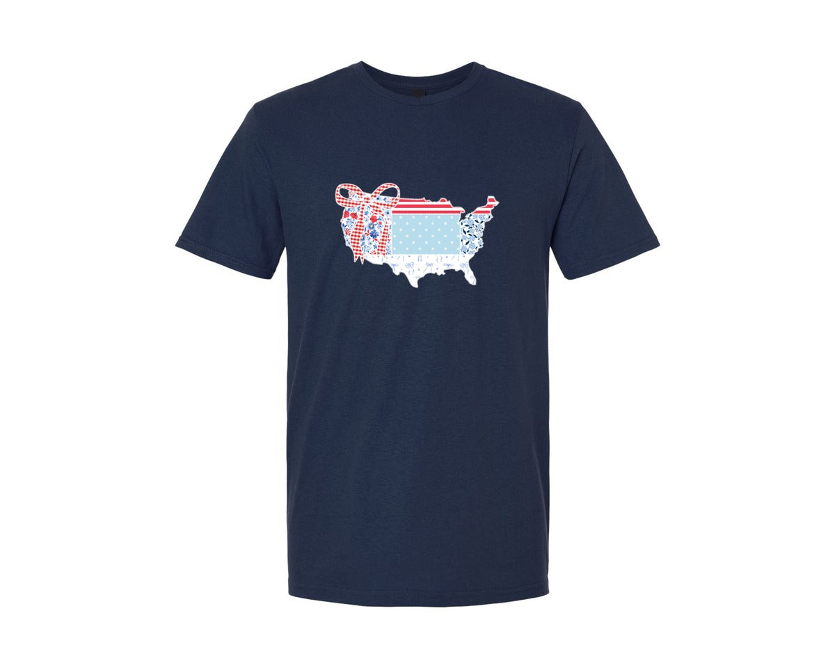 brand:Generic|color:Navy|Fabric Usa Map Made Of Bows Graphic T-Shirt