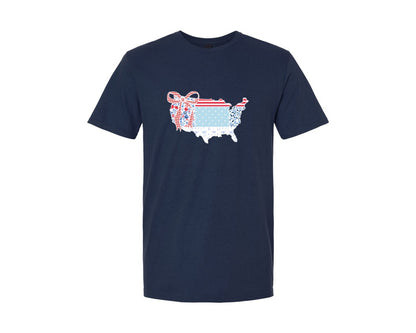 brand:Generic|color:Navy|Fabric Usa Map Made Of Bows Graphic T-Shirt