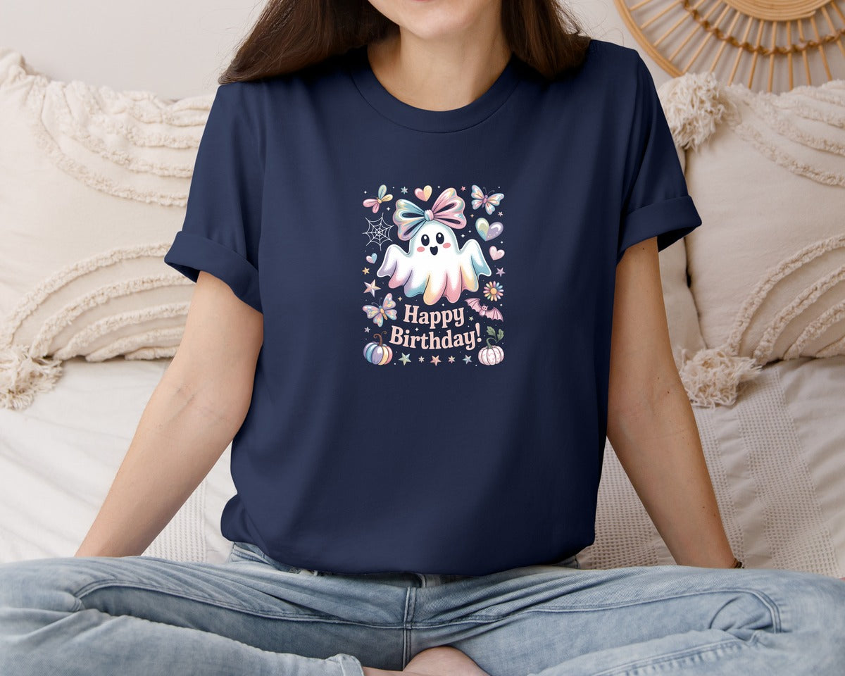 brand:Bella Canvas|color:Navy|Halloween Ghost Birthday Girl Shirt Graphic T-Shirt