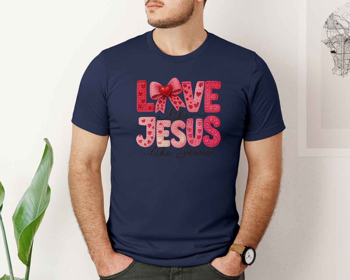 brand:Bella Canvas|color:Navy|Faux Crochet Valentines Christian Graphic T-Shirt