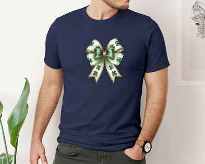 brand:Bella Canvas|color:Navy|St Patricks Shamrock Bow Glitter Graphic T-Shirt