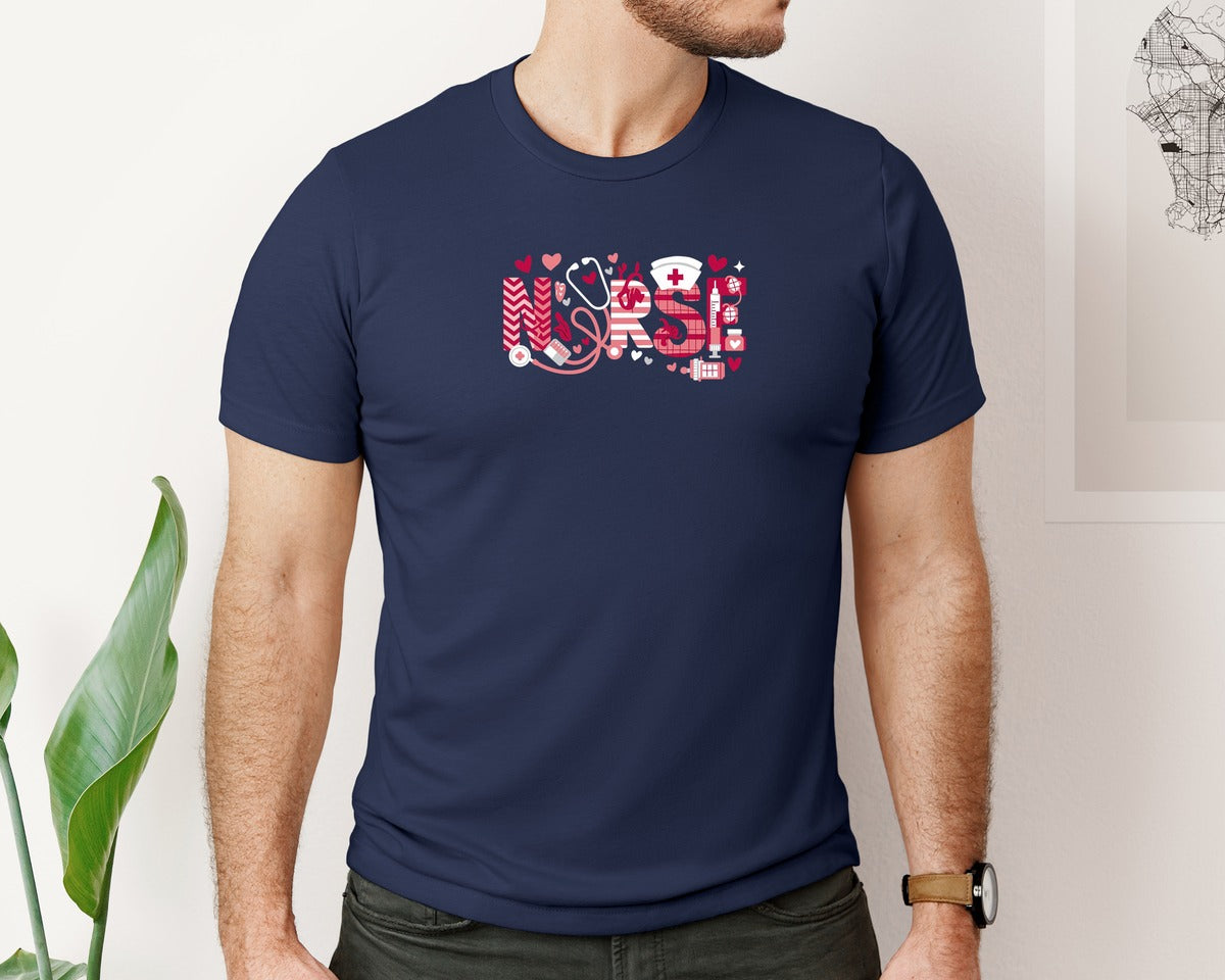 brand:Bella Canvas|color:Navy|Nurse Valentines Day Valentine Scrub 5 Graphic T-Shirt