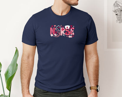 brand:Bella Canvas|color:Navy|Nurse Valentines Day Valentine Scrub 5 Graphic T-Shirt