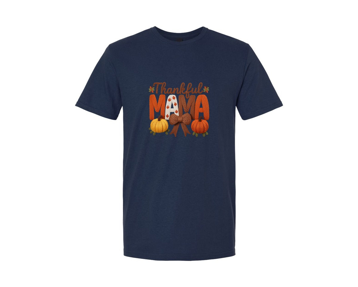 brand:Generic|color:Navy|Preppy Thankful Mama Faux Yarn Bow Graphic T-Shirt