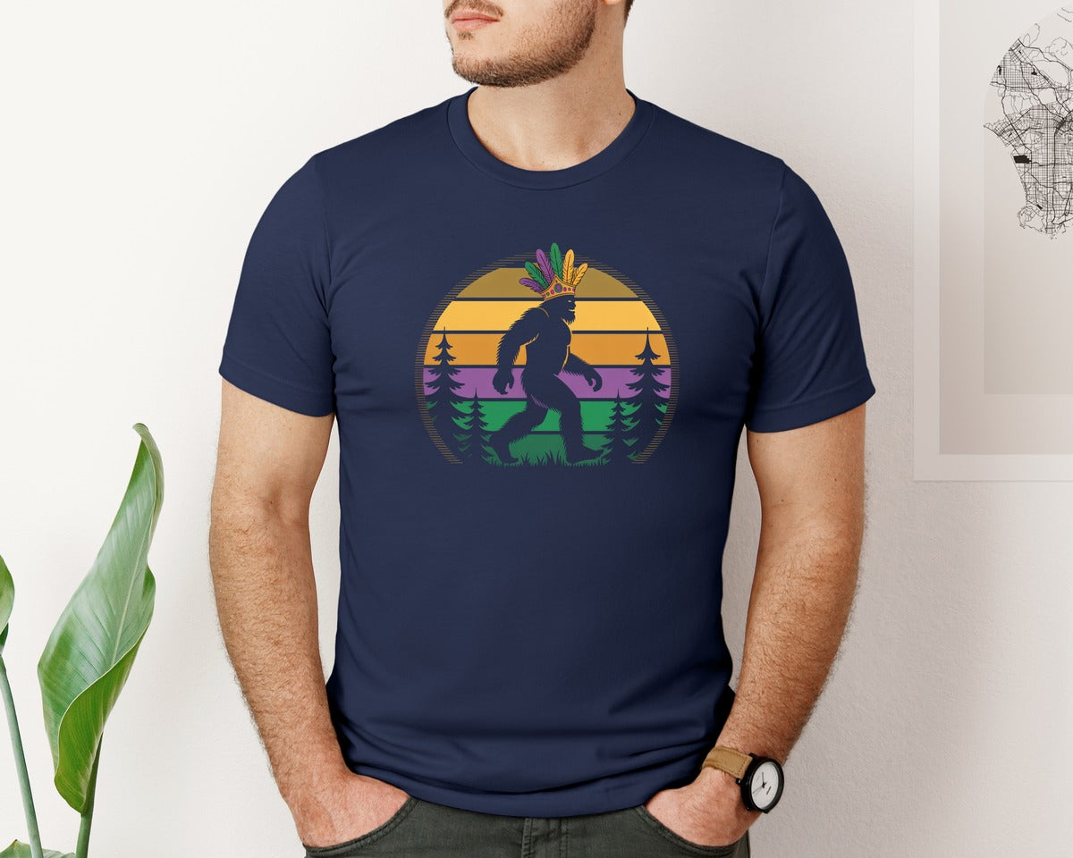 brand:Bella Canvas|color:Navy|Funny Carnival Mardi Gras Bigfoot Graphic T-Shirt
