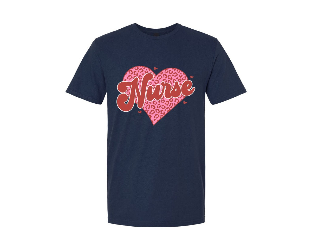 brand:Generic|color:Navy|Nurse Valentine Retro Leopard Graphic T-Shirt