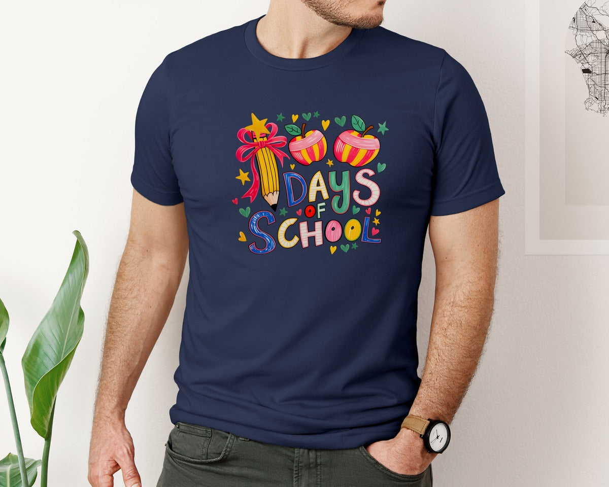 brand:Bella Canvas|color:Navy|Kid Drawn 100 Days Of School Crayon 2 Graphic T-Shirt