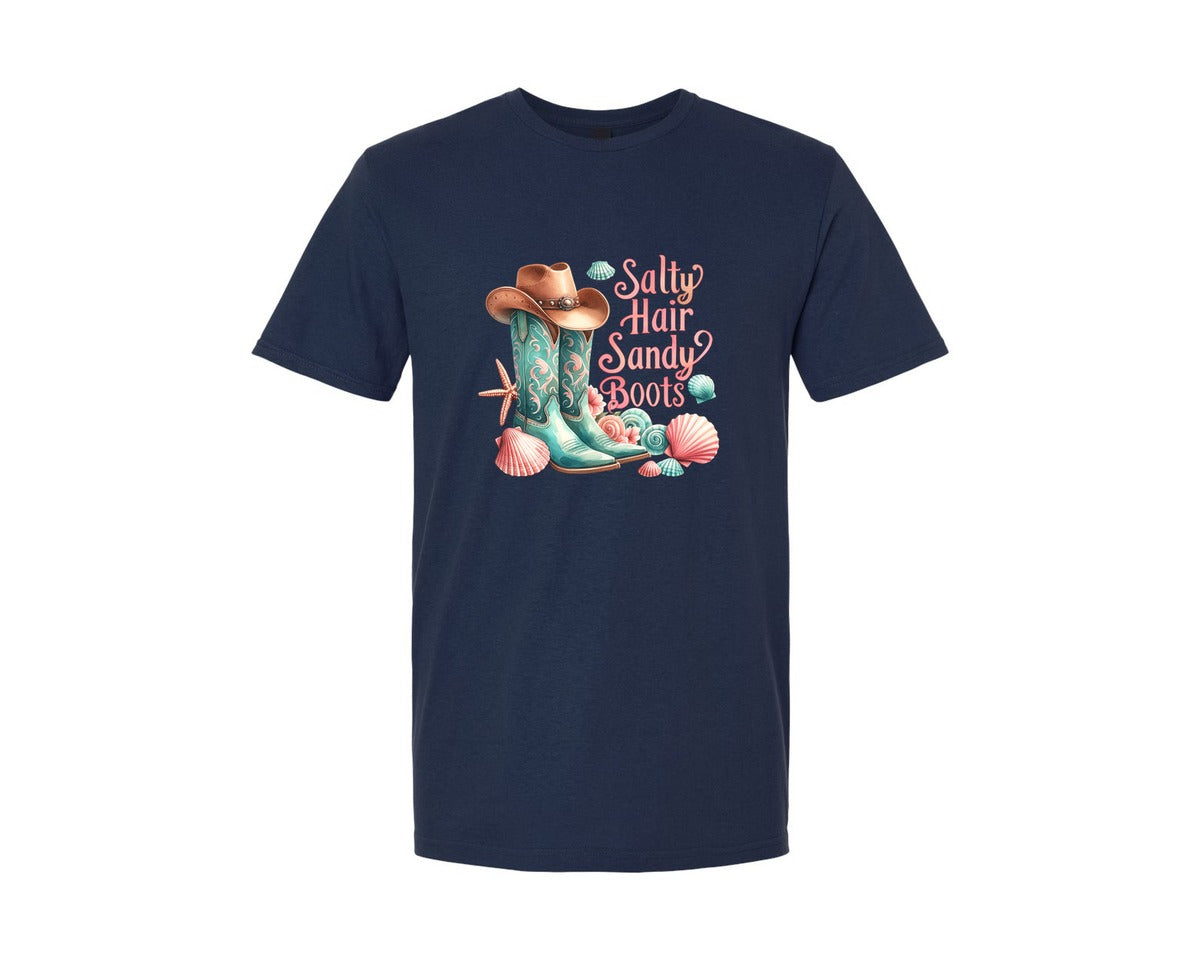 brand:Generic|color:Navy|Cowgirl Salty Hair Sandy Boots Graphic T-Shirt