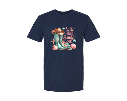brand:Generic|color:Navy|Cowgirl Salty Hair Sandy Boots Graphic T-Shirt