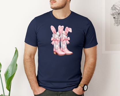 brand:Bella Canvas|color:Navy|Howdy Western Easter Bunny Cowboy Boots Graphic T-Shirt