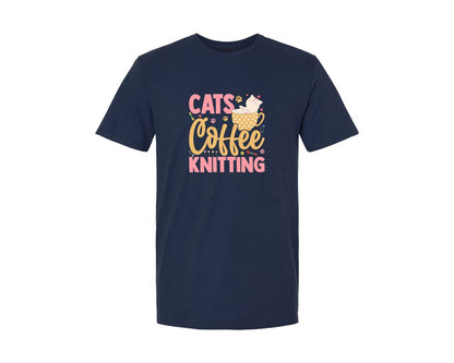 brand:Generic|color:Navy|Cute Cats Coffee Knitting T Shirt Design Graphic T-Shirt