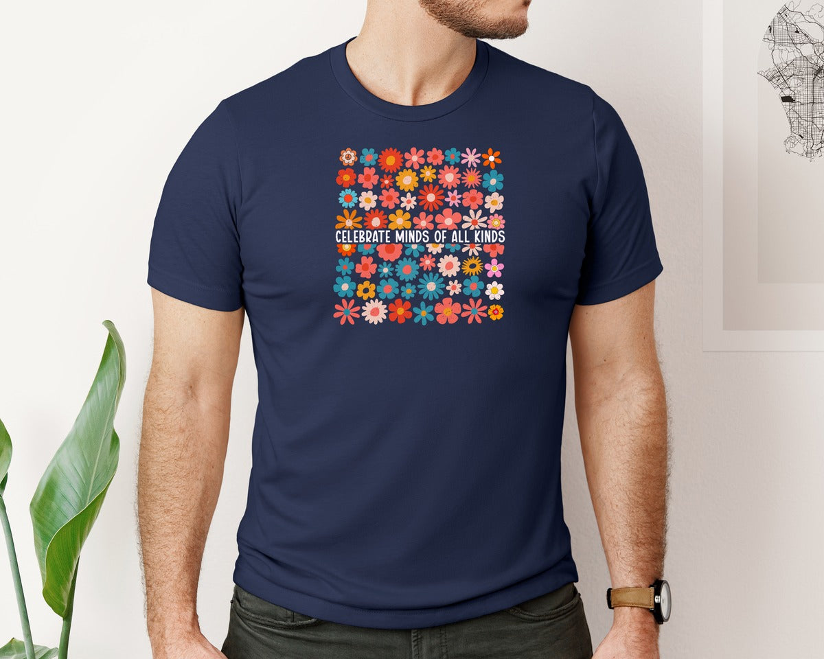 brand:Bella Canvas|color:Navy|Celebrate Minds Of All Kinds Flower Graphic T-Shirt