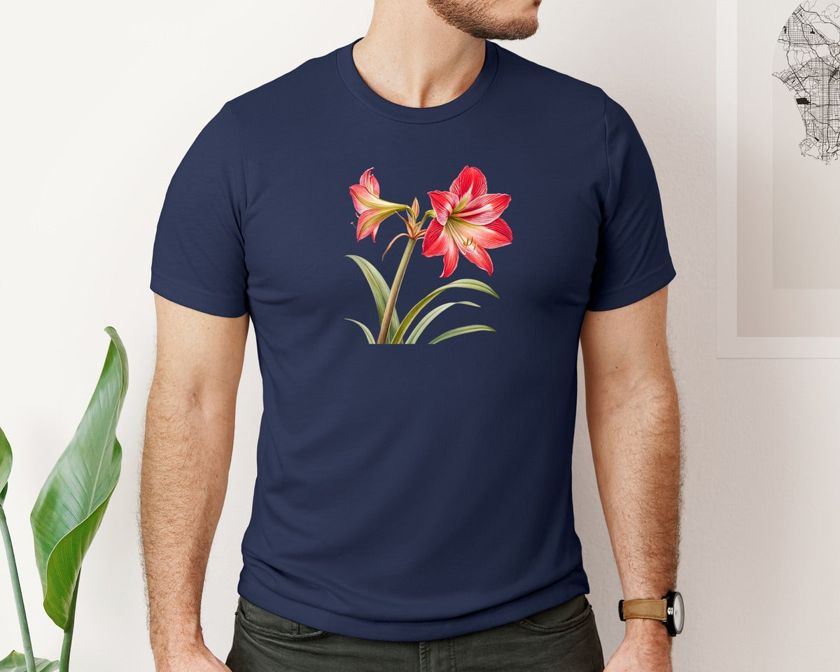 brand:Bella Canvas|color:Navy|Red Amaryllis Flower T Shirt Design Graphic T-Shirt