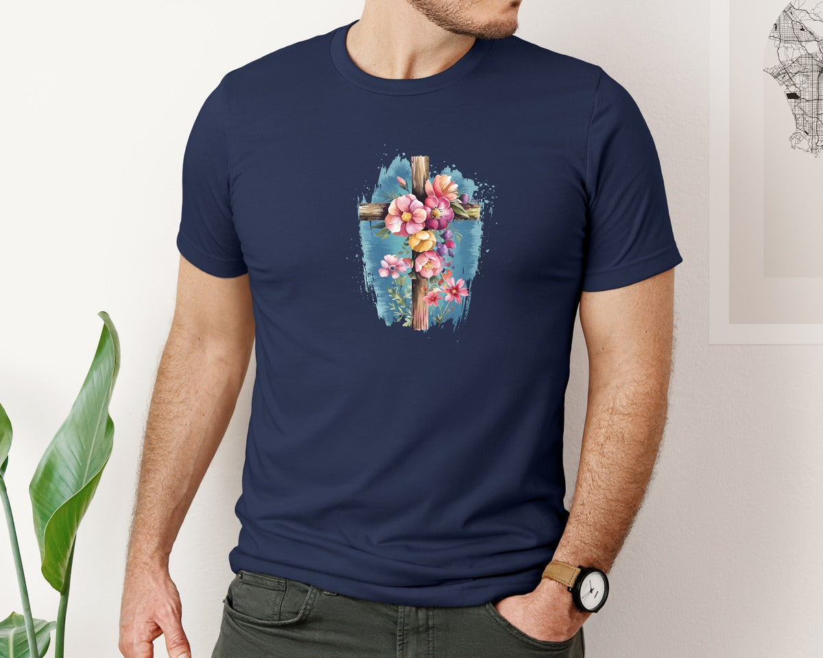 brand:Bella Canvas|color:Navy|Floral Christian Cross Graphic T-Shirt