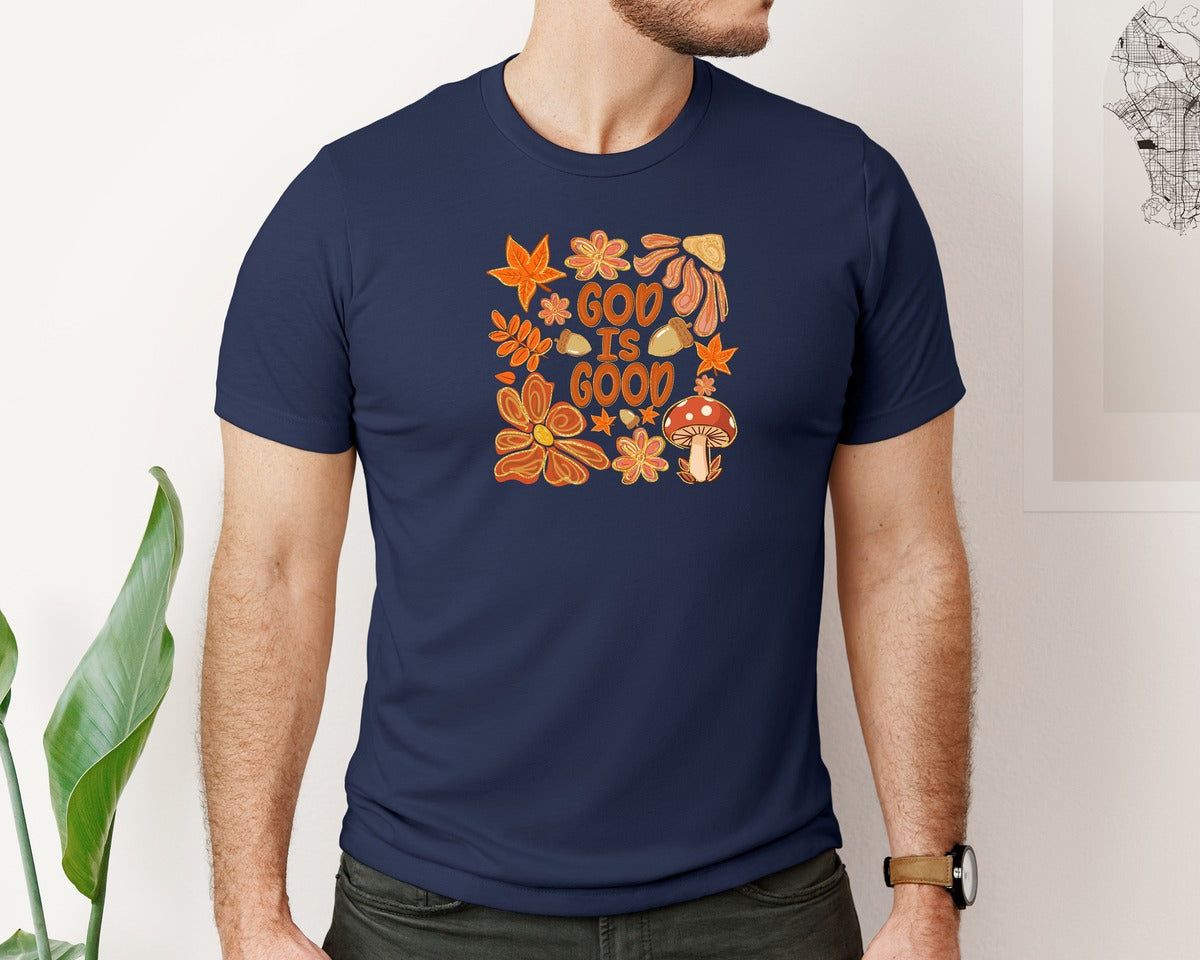 brand:Bella Canvas|color:Navy|Boho Fall Christian God Is Good Graphic T-Shirt