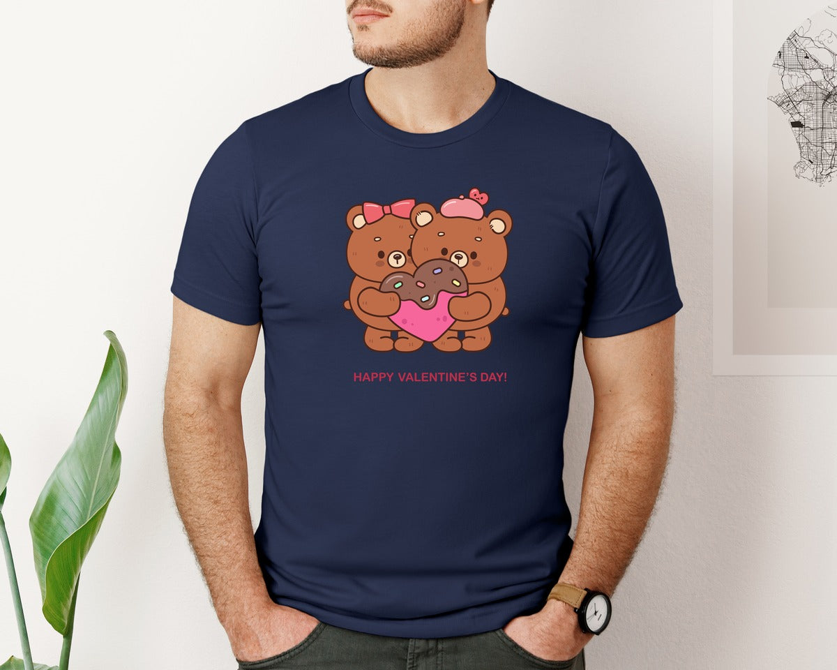 brand:Bella Canvas|color:Navy|Valentine Clip Art Cute Teddy Bear Love Graphic T-Shirt