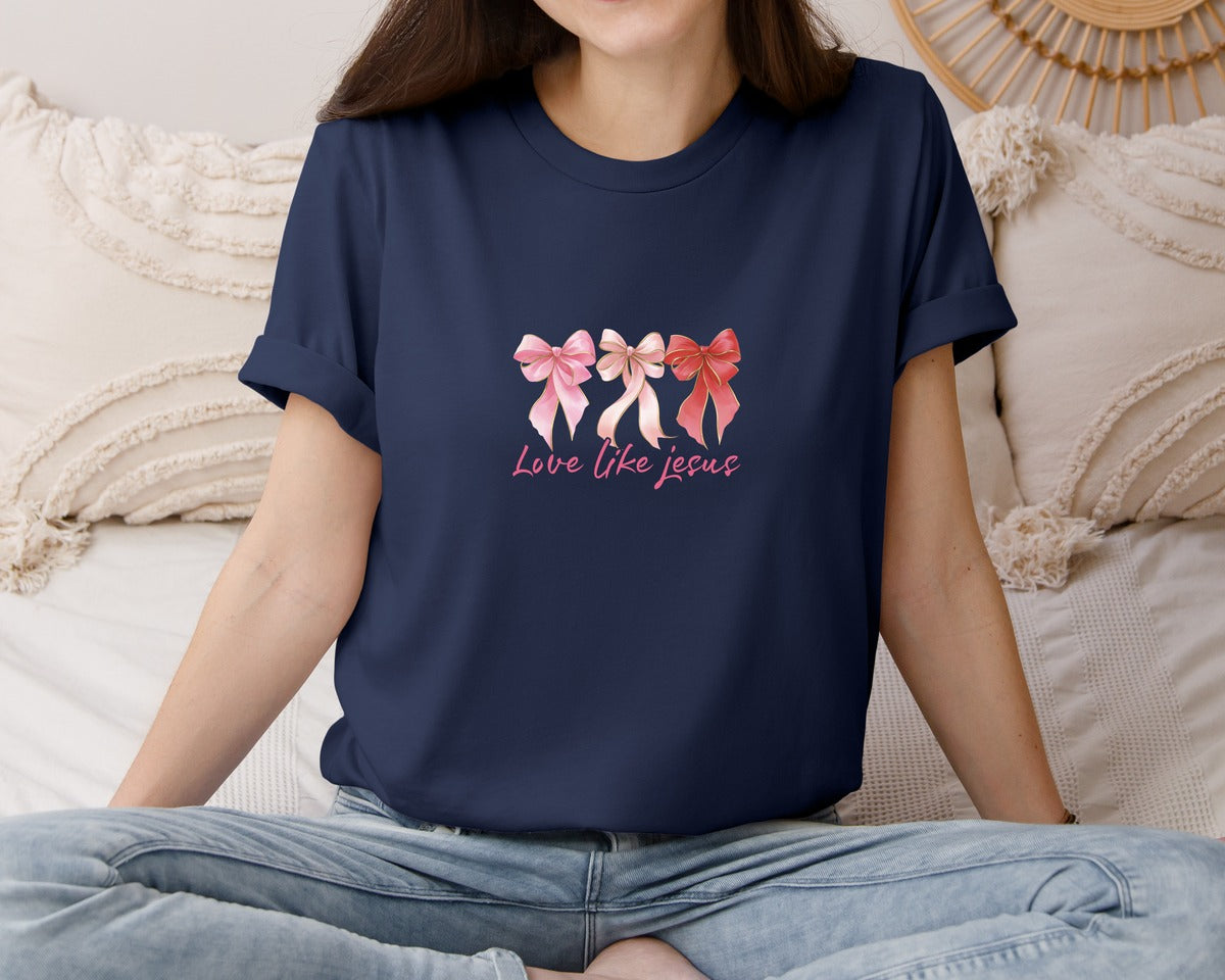 brand:Bella Canvas|color:Navy|Love Like Jesus Pink Coquette Bow 2 Graphic T-Shirt